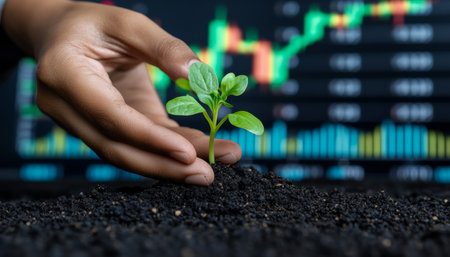 Green Growth, Financial Success Close-Up of Hand Planting Sprout with Rising Stock Chartの素材