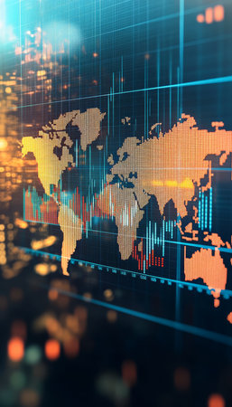 Global Stock Market Trends Dynamic Chart Analysis with Data Points on World Map, High Definitionの素材