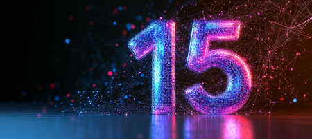 Illuminated 3D Number 15 on a Futuristic Technology Background with Glowing Particles.の素材
