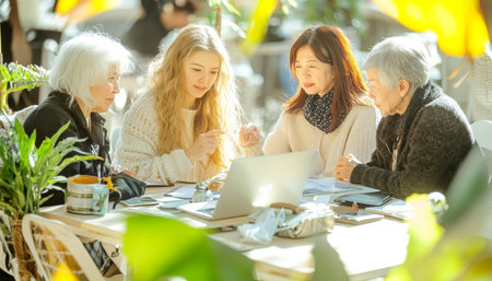 Sunny Day Learning Young Caregiver Assists Seniors with Technology at Bright Cafe Tableの素材