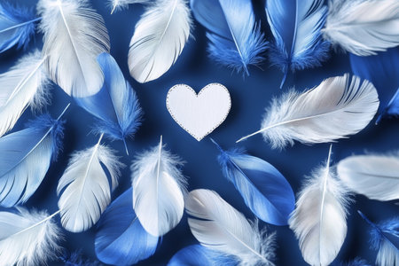 Delicate White Heart Encircled by Pattern of Azure and Snowy Feathers on Serenity Blue Backgroundの素材
