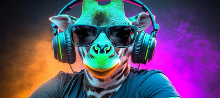 Cool Neon Party DJ Giraffe Wearing Headphones And Stylish Sunglasses, Against Vibrant Backdropの素材