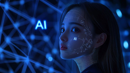 Woman In Digital Lattice Neural Network Connects With Holographic AI OverlayProjected On her Face.の素材
