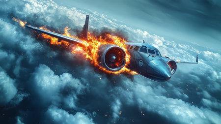 Airplane Engine Fire and Smoke, Commercial Aviation Disaster in Stormy Cloudy Sky, Air Crashの素材