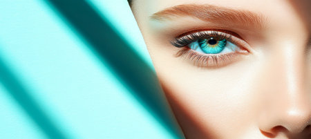 Close Up Beauty Portrait Of Young Woman. Model With Eye Makeup, Light And Shadow On Face.の素材