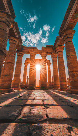 Ancient Egyptian Temple Sunlight Through Majestic Columns, Architectural Ruins, Historical Monumentの素材