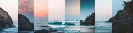 Collage. Summer ocean and beach landscape with pink sky background, divided by vertical white linesの素材