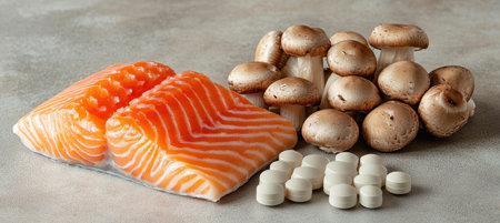 Fresh Salmon Fillet, Variety of Raw Mushrooms, and Vitamin D Supplements on Textured Backgroundの素材