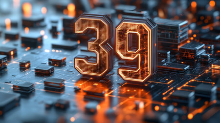 Futuristic Technology Glowing Digital Number 39 in 3D on Abstract Circuit Board Backgroundの素材