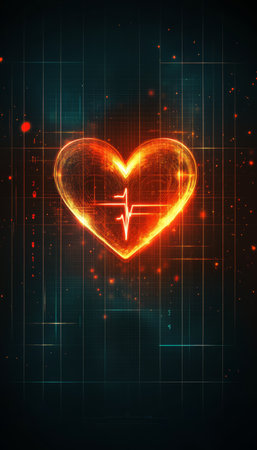 Glowing Heart Symbol with Heartbeat Trace, Grid Background, and Modern Abstract Designの素材