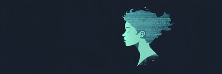 Female Head Silhouette, Turquoise Motherboard And Binary Code On Dark Background, Technology Conceptの素材