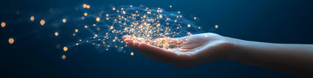 Connections In Hand Luminescent Web Of Nodes And Lines On Blue, Abstract Technology Conceptの素材