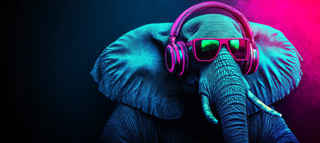 Cool Elephant DJ Wearing Headphones And Sunglasses, Neon Party Animal On Vibrant Backgroundの素材