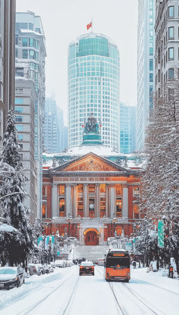 Snowy urban scene with historic architecture and a streetcar, Vancouver, British Columbia, Canadaの素材
