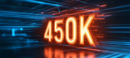 Glowing Digital Number 450K on an Abstract Lines Background, Futuristic Technology Theme.の素材