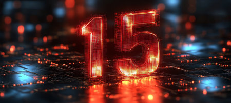 Glowing Digital Number 15 in Futuristic Style on Abstract Technology Background, 3D Renderingの素材