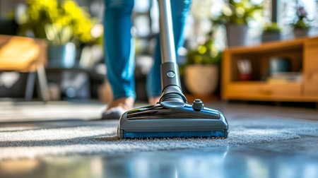 Cleaning Day Person Vacuuming Carpet in Sunlit Room with Houseplants, Creating Tidy Home Atmosphereの素材