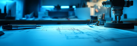 Blueprints, Engineering Tools, and Microscope in Blue Light Technical Design and Precisionの素材