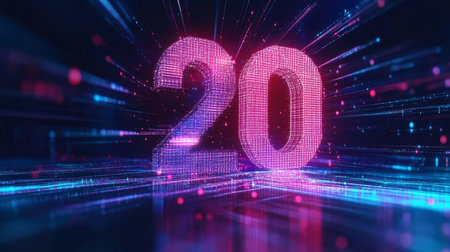 Large Glowing Digital Number Twenty, 20, in Futuristic Style on a Digital Abstract Backgroundの素材