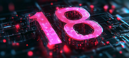 Glowing Digital 3D Number 18 on Circuit Board Background. Futuristic Sci-Fi Technology Concept.の素材