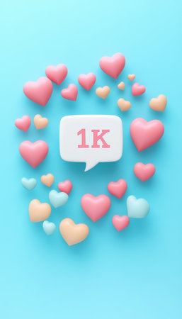 1K Followers Celebration. Social Media Milestone Banner With 3D Hearts On Pastel Backgroundの素材