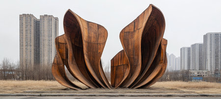 Modern Abstract Sculpture Resembling a Flower or Torch with Buildings in the Background, Daytimeの素材