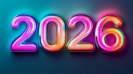 Vibrant Neon 2026 Design on a Colorful Gradient Background, Perfect for New Year Celebrationsの素材