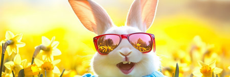 Cute, Laughing Easter Bunny Wearing Sunglasses in a Field of Spring Daffodil Flowers.の素材