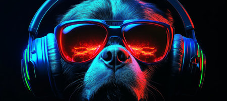 Cool Neon Party DJ Dog Portrait Wearing Headphones and Sunglasses, On Black Backgroundの素材