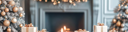 Decorated Christmas Gifts Under Tree by Cozy Fireplace, Festive Holiday Home Interiorの素材