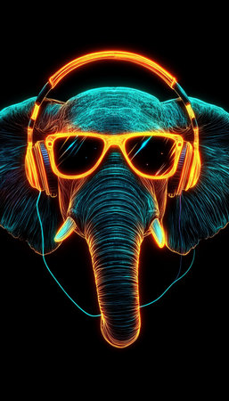 Neon Party Animal Cool Elephant DJ with Headphones and Sunglasses on Black Backgroundの素材