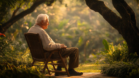 Contemplation In Nature Serene Senior Man Enjoys The Tranquility Of A Golden Sunrise In The Woodsの素材