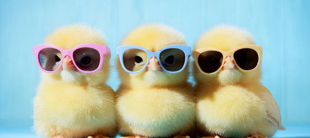 Three Cute, Fluffy Chicks Sporting Colorful Sunglasses on a Blue Background. Perfect for Easterの素材