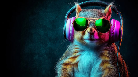 Cool DJ Squirrel Wearing Headphones and Sunglasses Under Neon Lights, Studio Portraitの素材