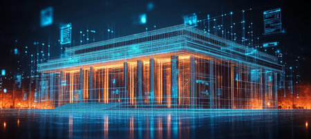 Digital Rendering of a Government Building in Wireframe Style, Symbolizing Digitalizationの素材