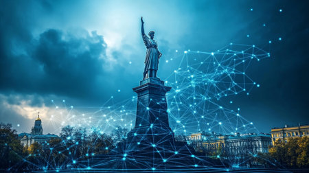 Motherland Monument in Kyiv, Ukraine, Connecting to a Global Digital Network, Technology Conceptの素材