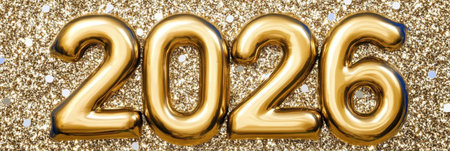 Golden 2026 Balloon Numbers on a Sparkling Glittery Background for New Year Celebrationsの素材