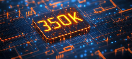 Glowing Orange 3D Number 350K on Futuristic Printed Circuit Board with Digital Abstract Backgroundの素材