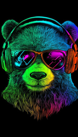 Neon Party Bear DJ in Headphones and Sunglasses Delivers Colorful Music Illustrationの素材