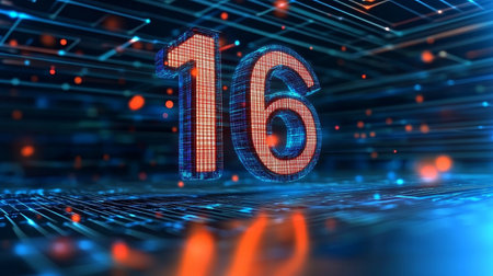 Glowing Digital Number 16 On Cyber Background, Concept of Big Data, Technology, Innovation.の素材