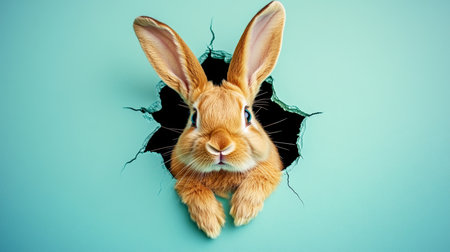 Cute Easter Bunny Peeking Through a Hole in a Pastel Wall - Spring and Holiday Conceptの素材