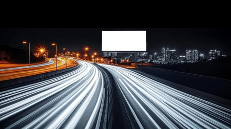 Blank Billboard On A Busy Highway At Night With City Skyline, Long Exposure Light Trailsの素材