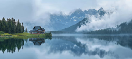 Serene Lakeside Cabin Majestic Mountain Views Reflected in Tranquil Waters on a Foggy Dayの素材