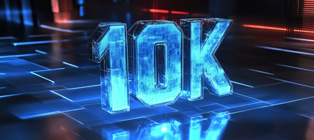 Celebrating 10K Followers A Luminous 3D Render of 10K on a Futuristic Blue Grid Backgroundの素材