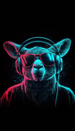Neon Party Animal Cool Kangaroo DJ Wearing Headphones and Sunglasses, with 1980s Retro Vibeの素材
