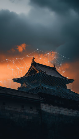 Historic Japanese Castle Silhouette Against Vibrant Sunset Sky with Dramatic Cloudscapeの素材