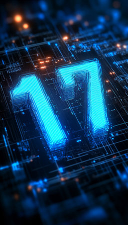 Digital Number 17 Glowing on Circuit Board, Representing Technology, Innovation, and the Future.の素材