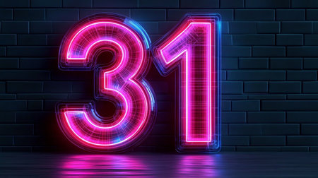 Glowing Digital 3D Number 31 In Futuristic Cyberpunk Style On Dark Background, 3D Illustration.の素材