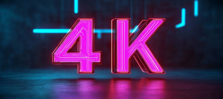 3D Illustration of Glowing Neon 4K Logo on a Dark Background with Blue and Pink Lightingの素材