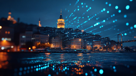 Historic Istanbul Galata Tower and Cityscape with Network of Digital Lights at Night, Turkey.の素材